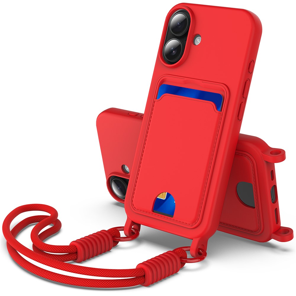 For iPhone 16 Plus Case Liquid Silicone Card Holder Phone Back Cover with Short Strap - Red