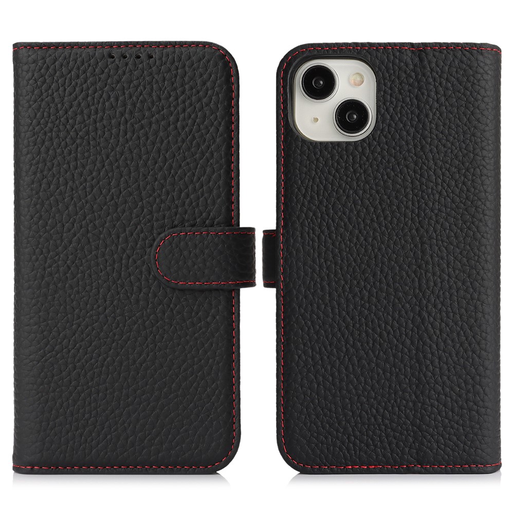 For iPhone 14  /  13 Stand Case Litchi Texture Genuine Cow Leather Wallet Phone Cover RFID Blocking - Black  /  Red