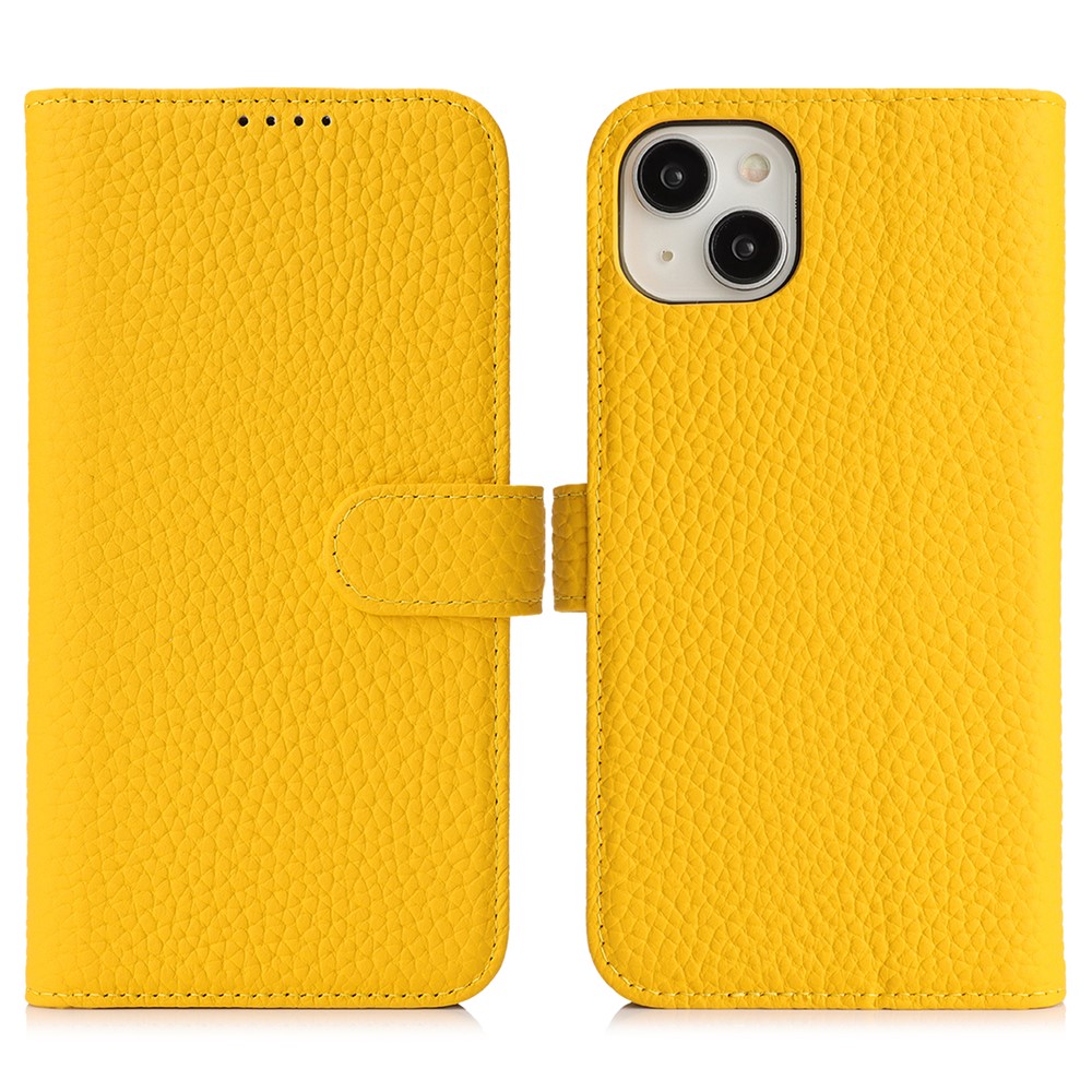 For iPhone 14  /  13 Stand Case Litchi Texture Genuine Cow Leather Wallet Phone Cover RFID Blocking - Yellow