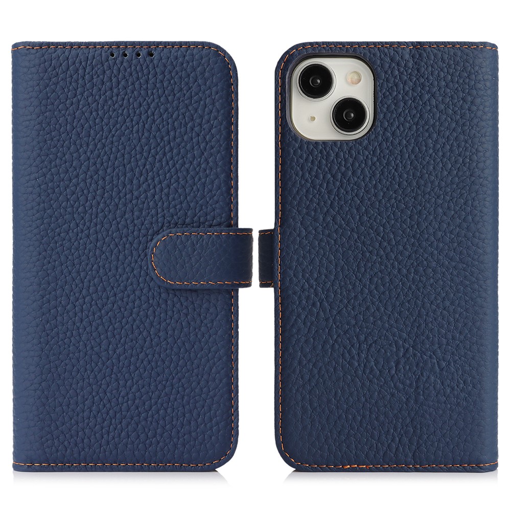 For iPhone 15 Plus  /  14 Plus Stand Case Litchi Texture Genuine Cow Leather Wallet Phone Cover RFID Blocking - Blue