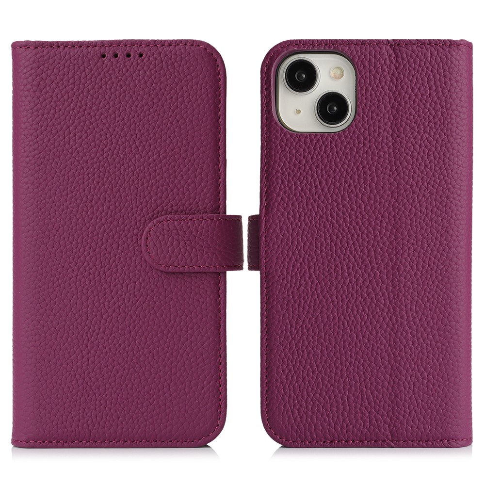 For iPhone 15 Plus  /  14 Plus Stand Case Litchi Texture Genuine Cow Leather Wallet Phone Cover RFID Blocking - Violet