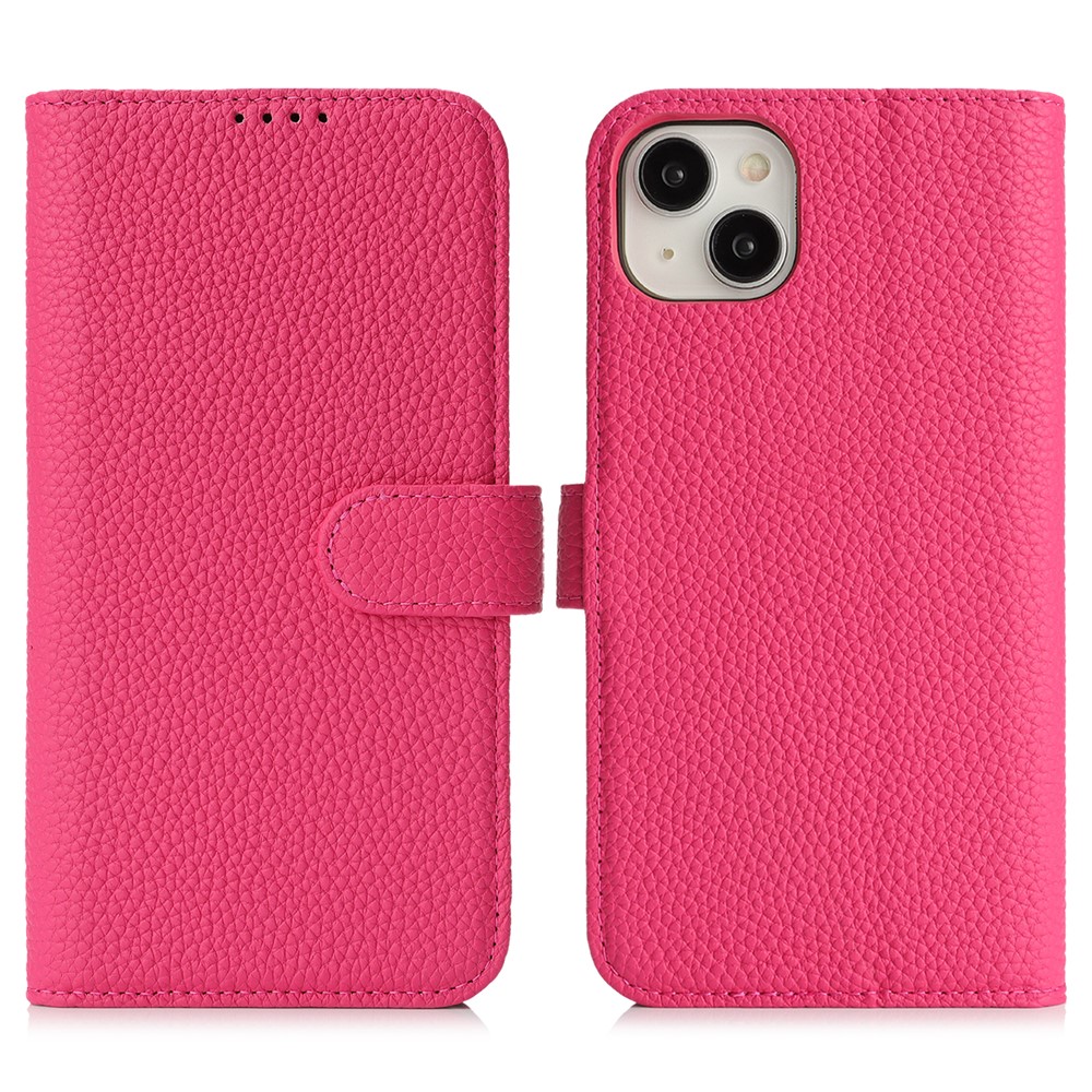 For iPhone 15 Plus  /  14 Plus Stand Case Litchi Texture Genuine Cow Leather Wallet Phone Cover RFID Blocking - Rose