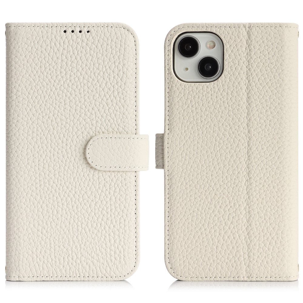 For iPhone 15 Stand Case Litchi Texture Genuine Cow Leather Wallet Phone Cover RFID Blocking - White