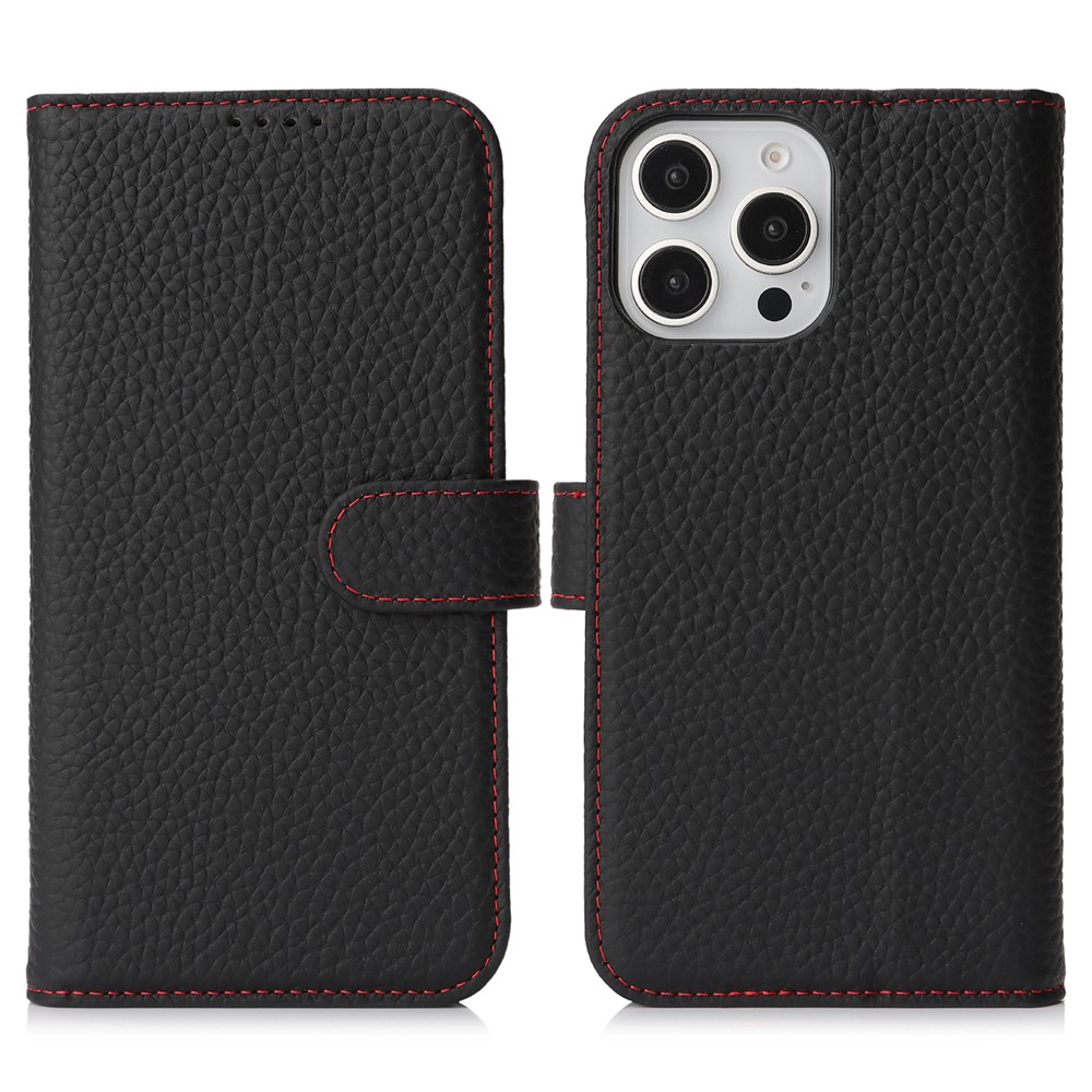For iPhone 15 Pro Stand Case Litchi Texture Genuine Cow Leather Wallet Phone Cover RFID Blocking - Black  /  Red