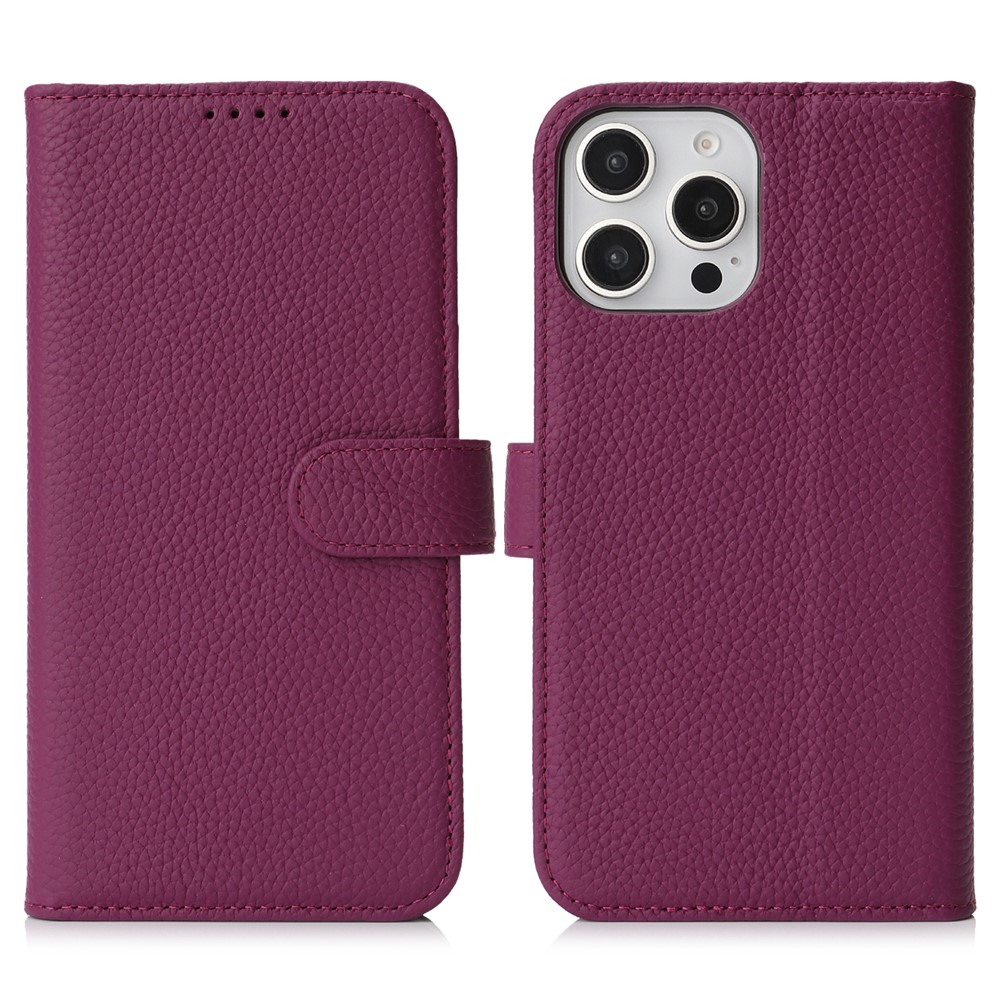 For iPhone 15 Pro Stand Case Litchi Texture Genuine Cow Leather Wallet Phone Cover RFID Blocking - Violet