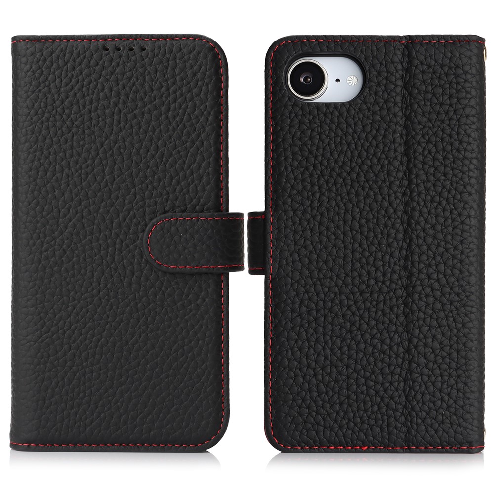 For iPhone 16e Stand Case Litchi Texture Genuine Cow Leather Wallet Phone Cover RFID Blocking - Black  /  Red