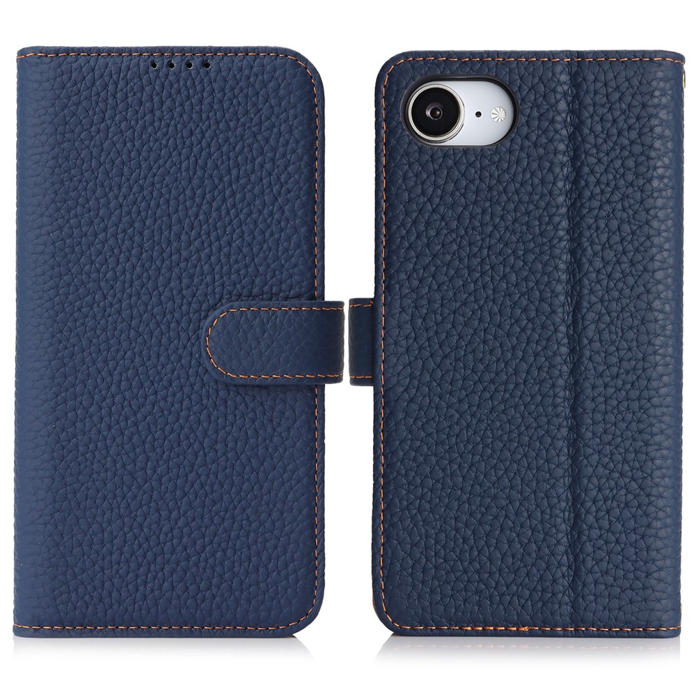 For iPhone 16e Stand Case Litchi Texture Genuine Cow Leather Wallet Phone Cover RFID Blocking - Blue