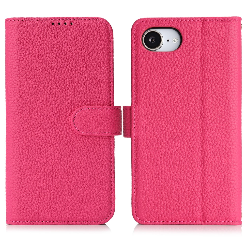 For iPhone 16e Stand Case Litchi Texture Genuine Cow Leather Wallet Phone Cover RFID Blocking - Rose