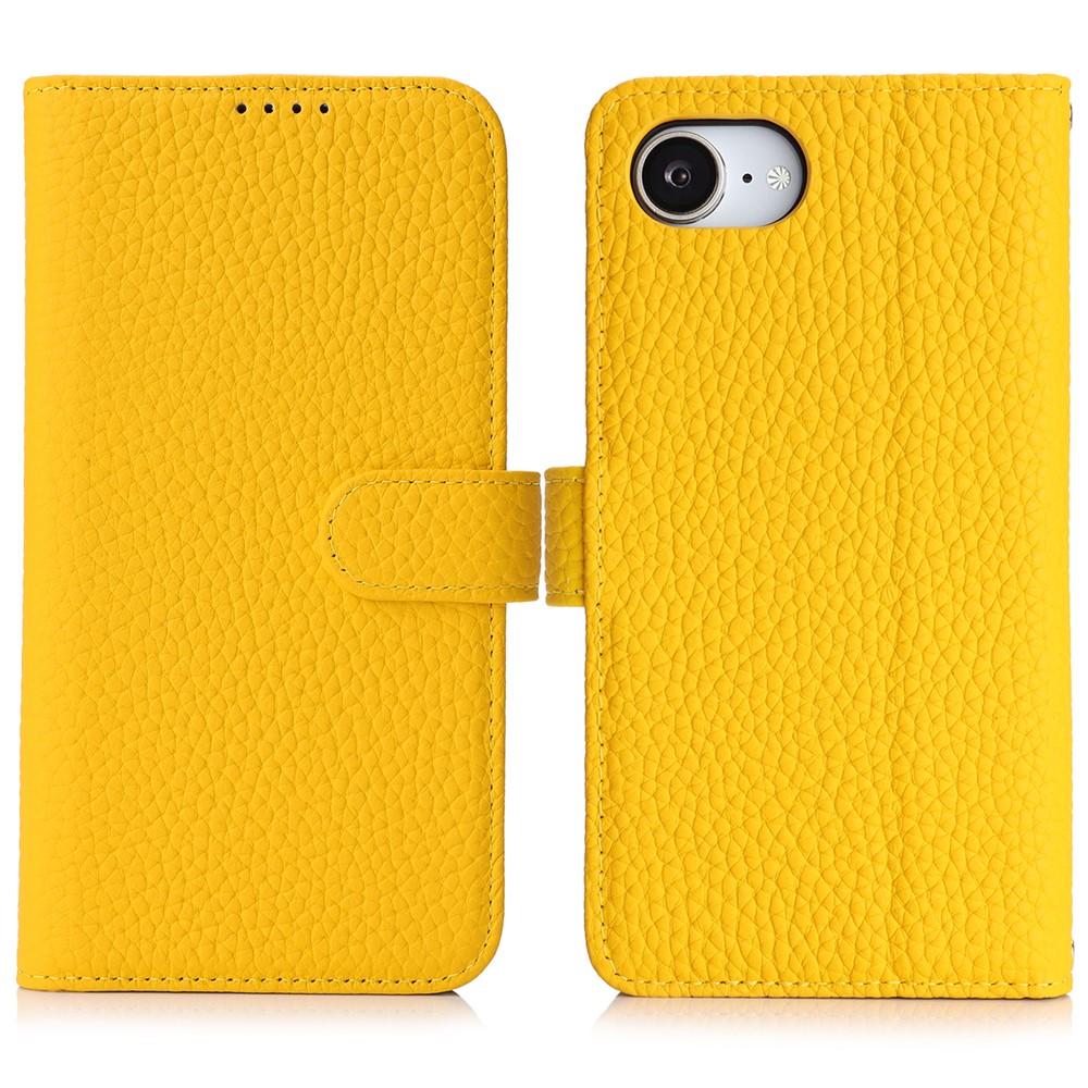For iPhone 16e Stand Case Litchi Texture Genuine Cow Leather Wallet Phone Cover RFID Blocking - Yellow