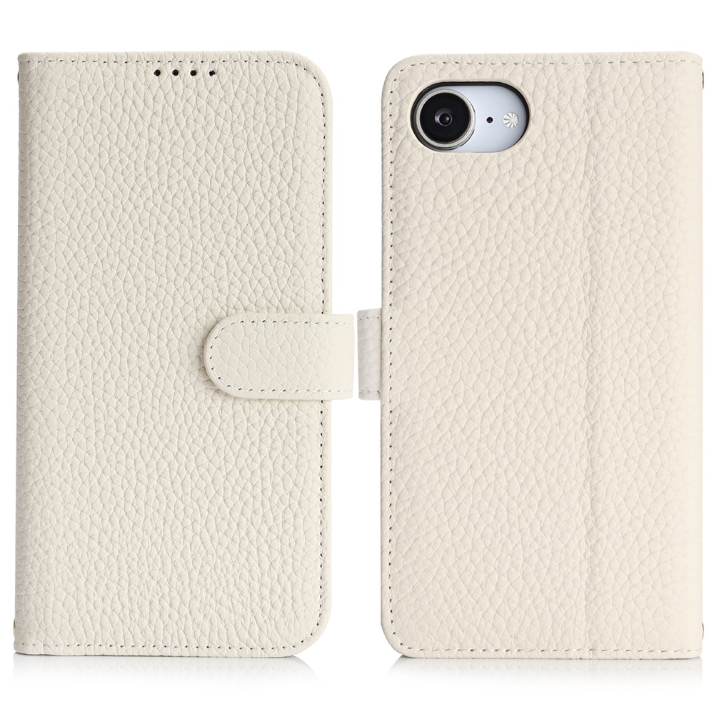 For iPhone 16e Stand Case Litchi Texture Genuine Cow Leather Wallet Phone Cover RFID Blocking - White