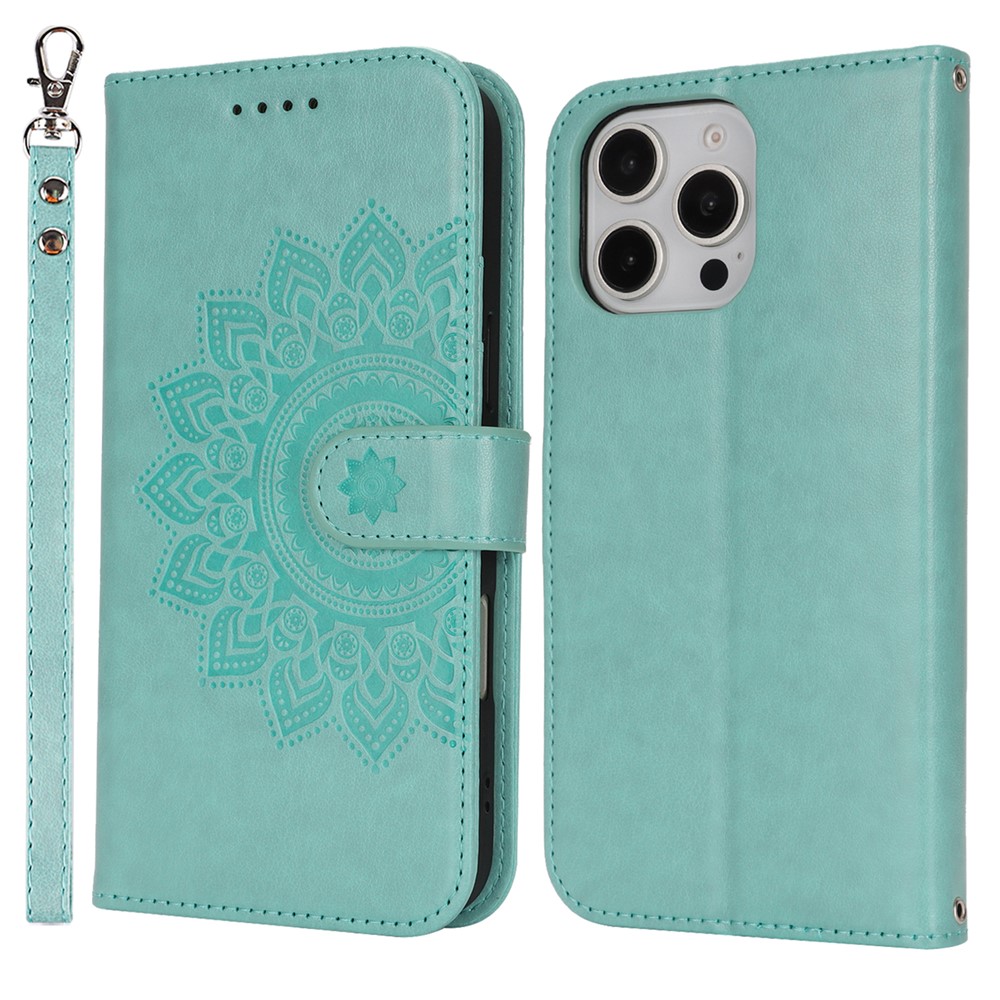 For iPhone 16 Pro Stand Case Textured Leather Wallet Phone Cover with Strap - Light Green