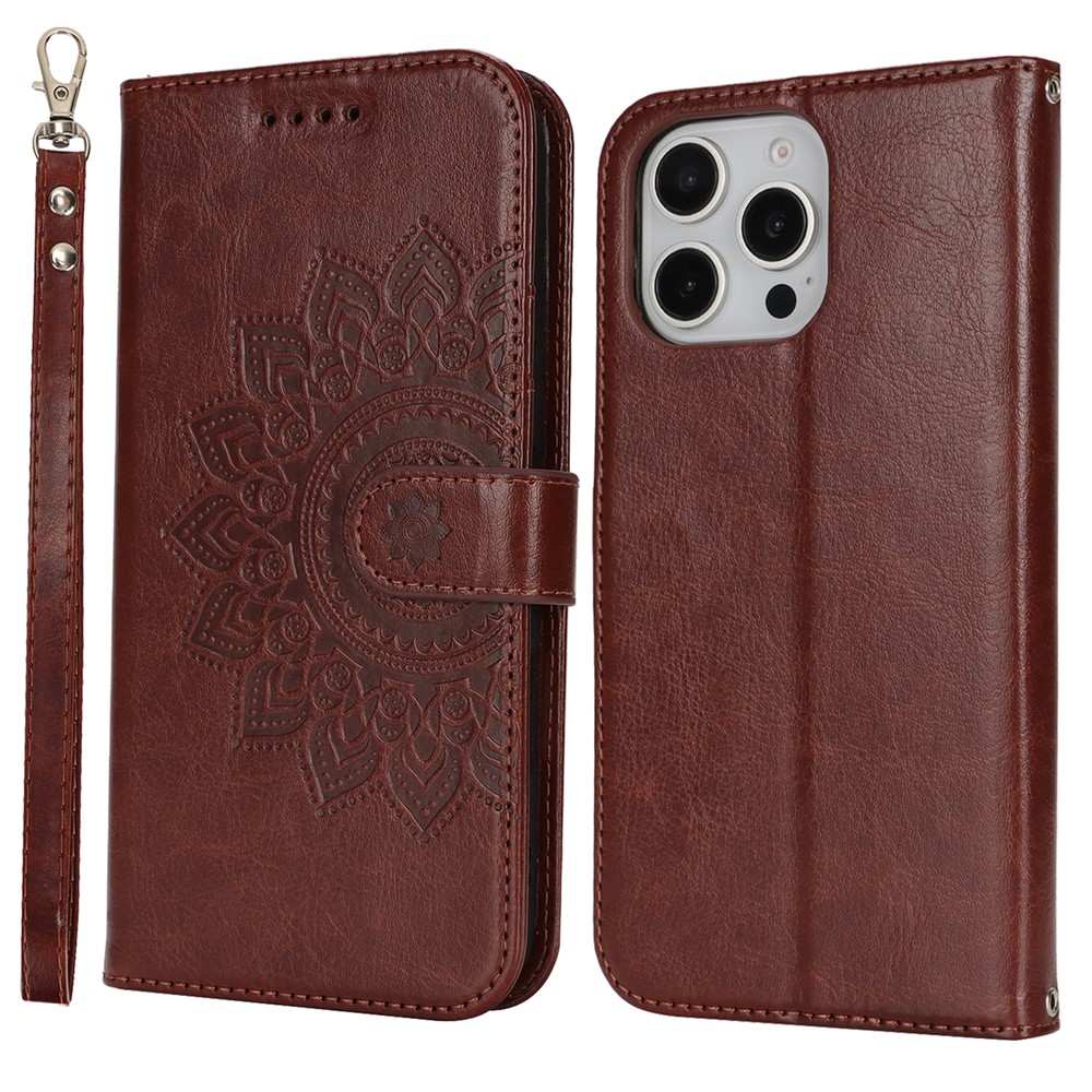 For iPhone 16 Pro Stand Case Textured Leather Wallet Phone Cover with Strap - Dark Brown