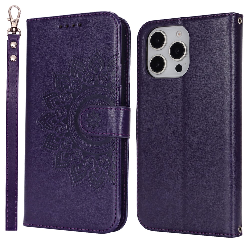 For iPhone 16 Pro Stand Case Textured Leather Wallet Phone Cover with Strap - Dark Purple