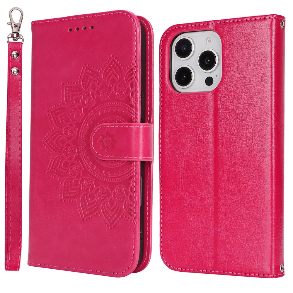 For iPhone 16 Pro Stand Case Textured Leather Wallet Phone Cover with Strap - Rose