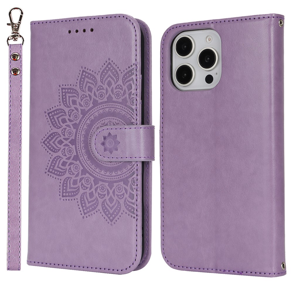 For iPhone 16 Pro Stand Case Textured Leather Wallet Phone Cover with Strap - Purple