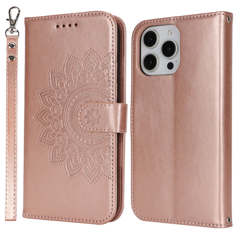 For iPhone 16 Pro Stand Case Textured Leather Wallet Phone Cover with Strap - Rose Gold