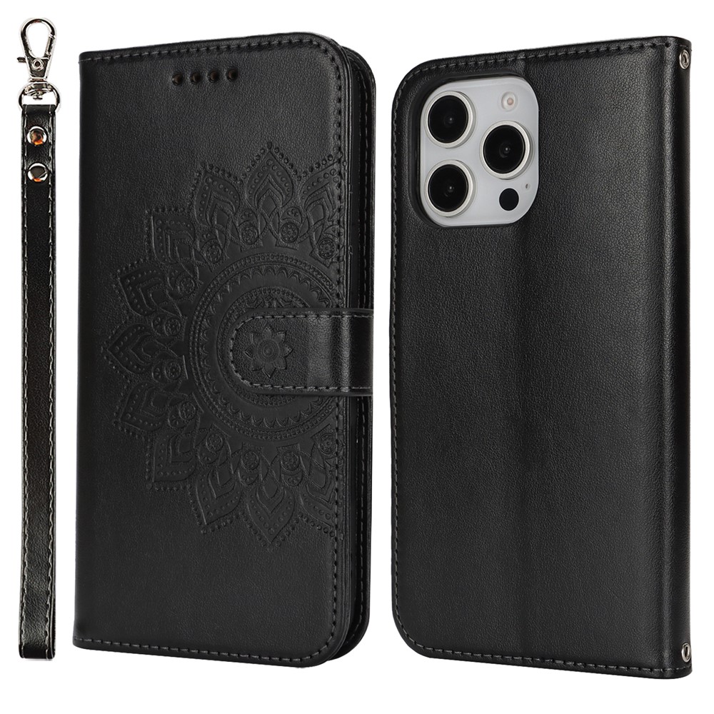 For iPhone 16 Pro Max Stand Case Textured Leather Wallet Phone Cover with Strap - Black