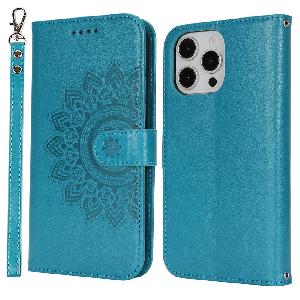 For iPhone 16 Pro Max Stand Case Textured Leather Wallet Phone Cover with Strap - Blue