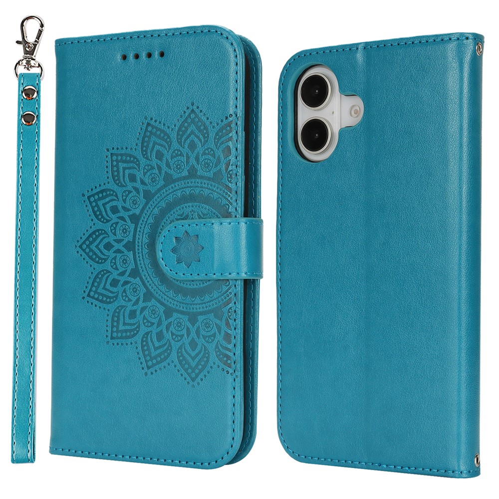 For iPhone 16 Plus Stand Case Textured Leather Wallet Phone Cover with Strap - Blue