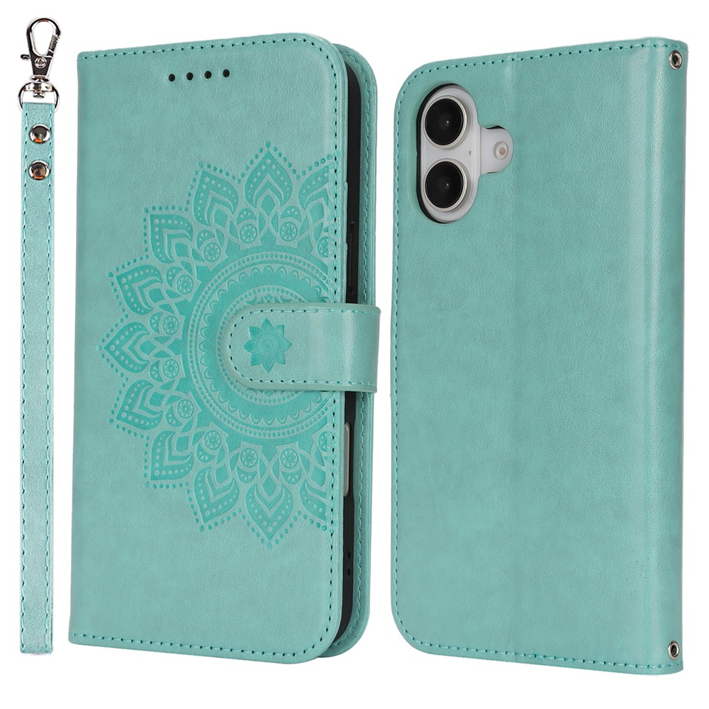 For iPhone 16 Plus Stand Case Textured Leather Wallet Phone Cover with Strap - Light Green