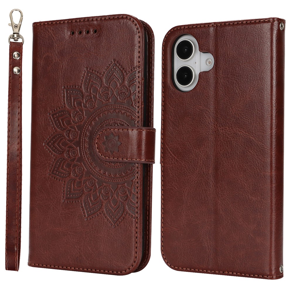 For iPhone 16 Plus Stand Case Textured Leather Wallet Phone Cover with Strap - Dark Brown