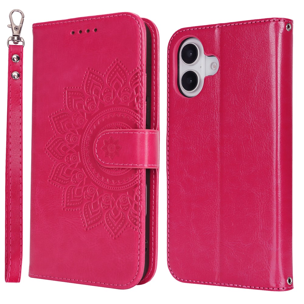 For iPhone 16 Plus Stand Case Textured Leather Wallet Phone Cover with Strap - Rose