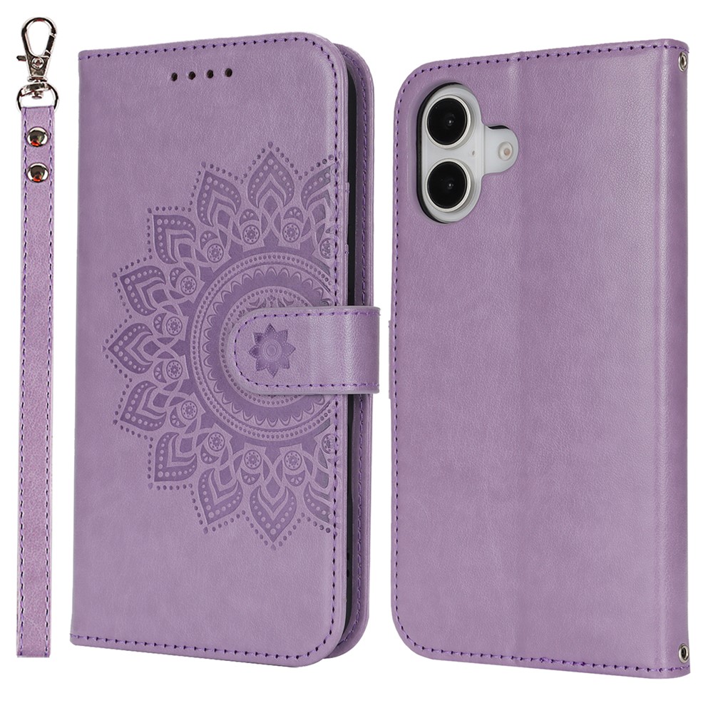 For iPhone 16 Plus Stand Case Textured Leather Wallet Phone Cover with Strap - Purple