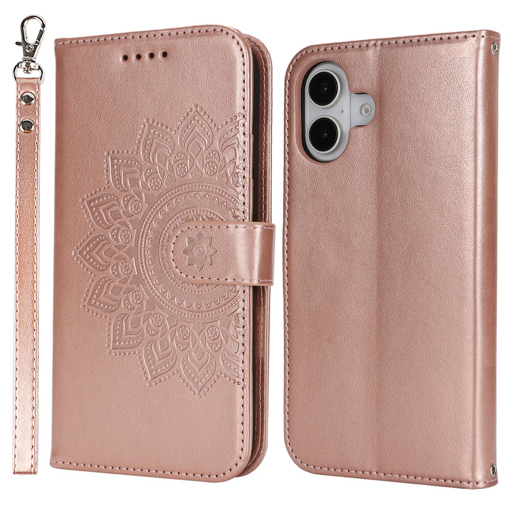 For iPhone 16 Plus Stand Case Textured Leather Wallet Phone Cover with Strap - Rose Gold