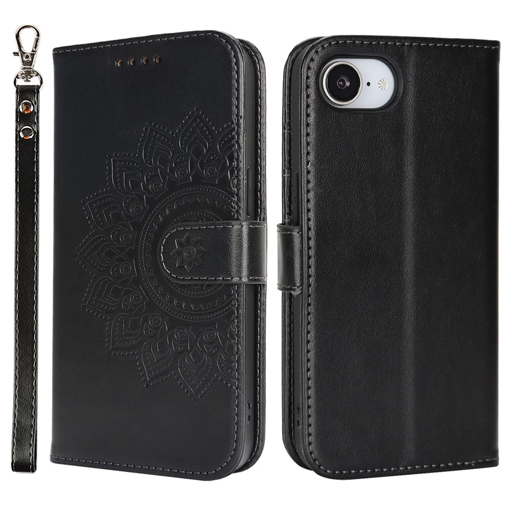 For iPhone 16e Case Textured Leather Wallet Phone Cover with Strap - Black