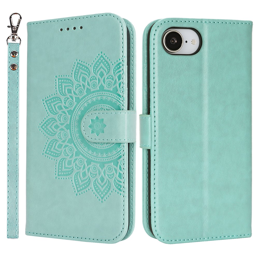 For iPhone 16e Case Textured Leather Wallet Phone Cover with Strap - Light Green
