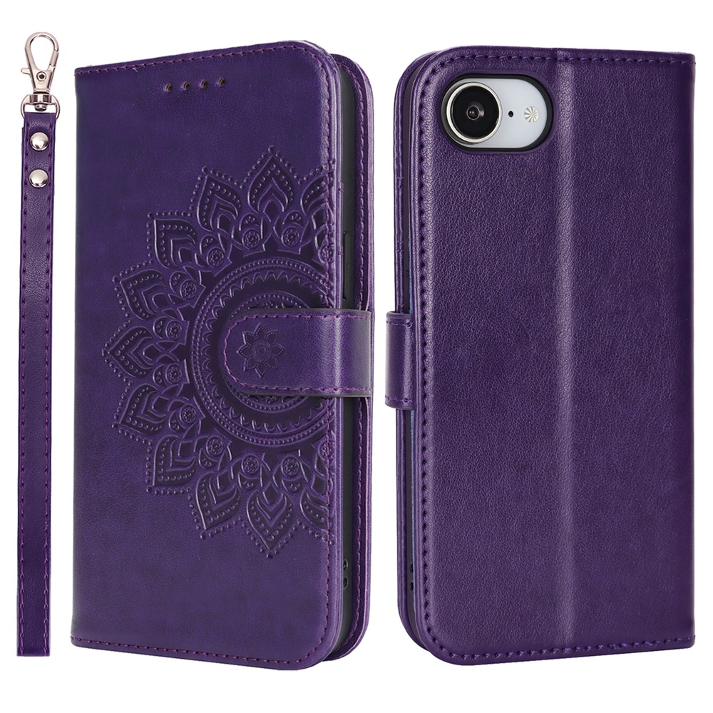 For iPhone 16e Case Textured Leather Wallet Phone Cover with Strap - Dark Purple