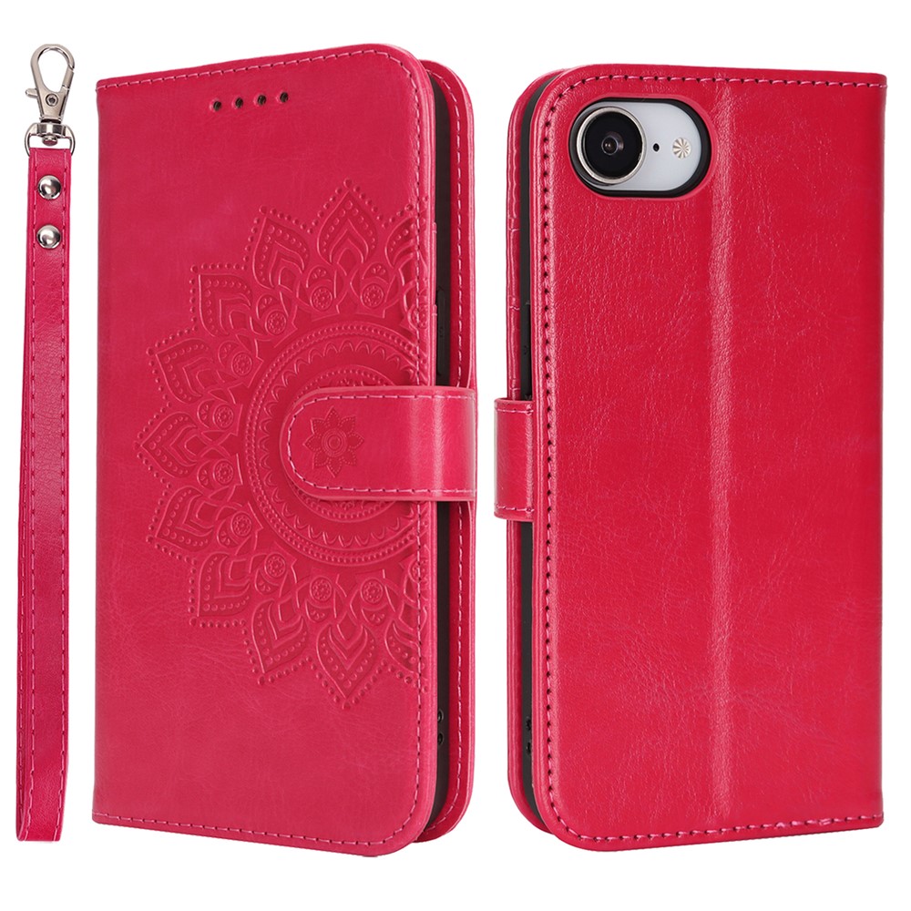 For iPhone 16e Case Textured Leather Wallet Phone Cover with Strap - Red