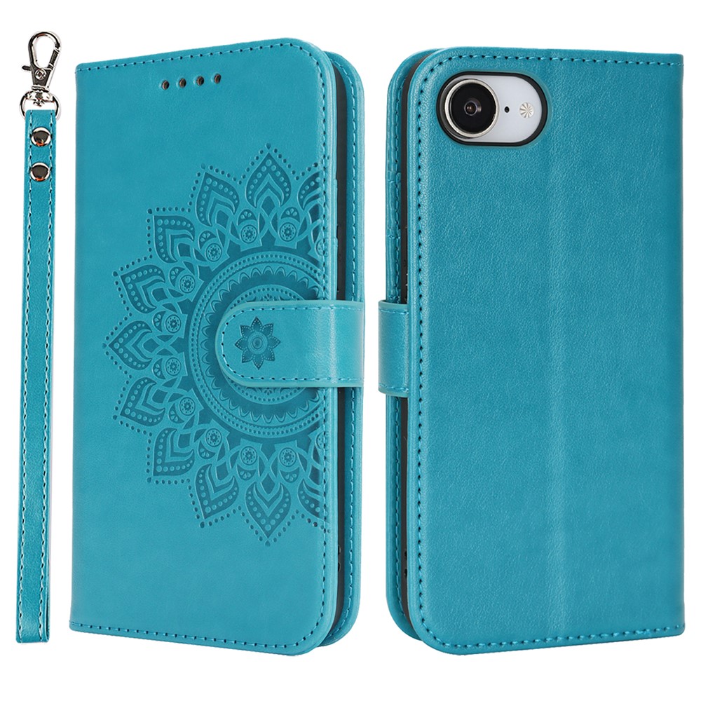 For iPhone 16e Case Textured Leather Wallet Phone Cover with Strap - Blue