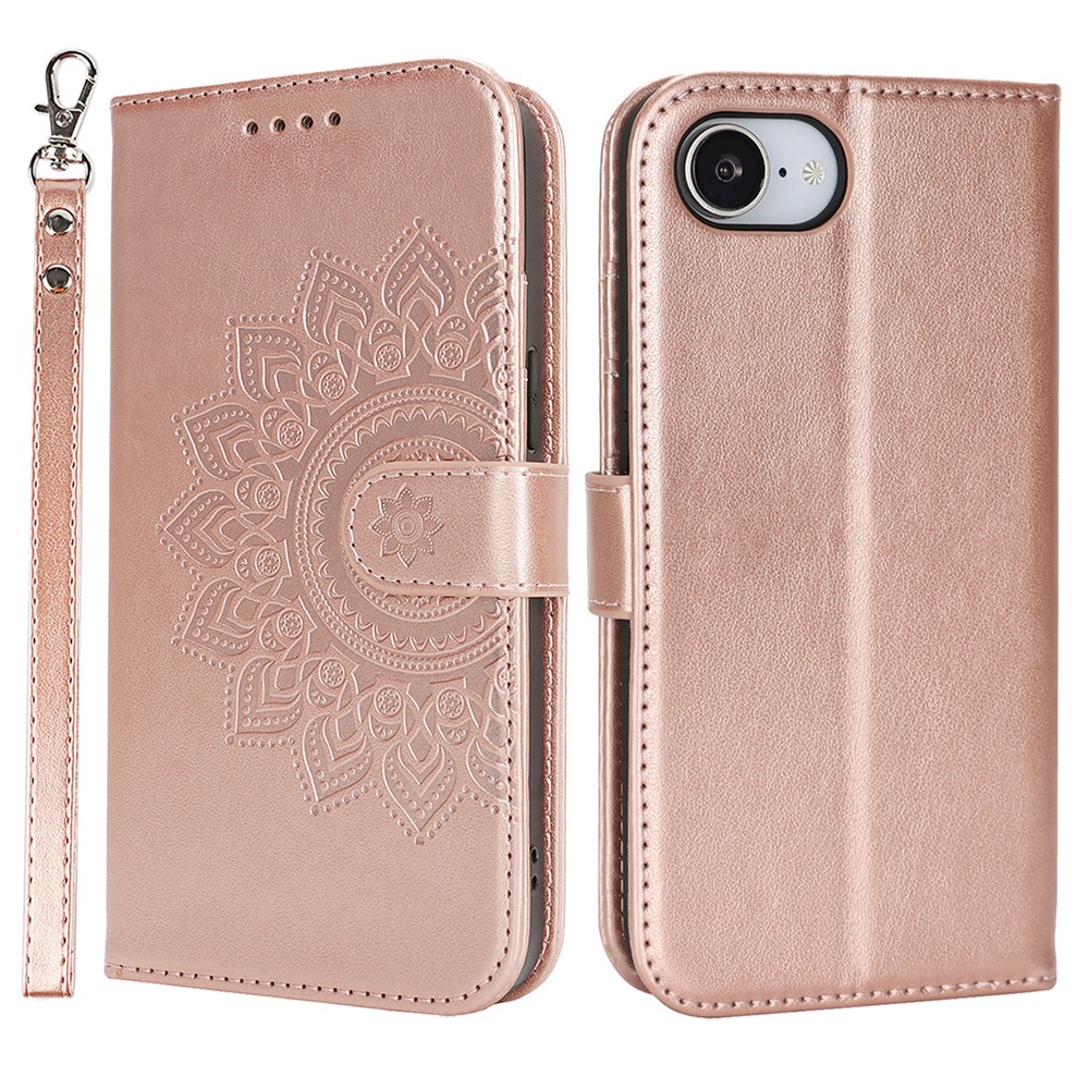 For iPhone 16e Case Textured Leather Wallet Phone Cover with Strap - Rose Gold
