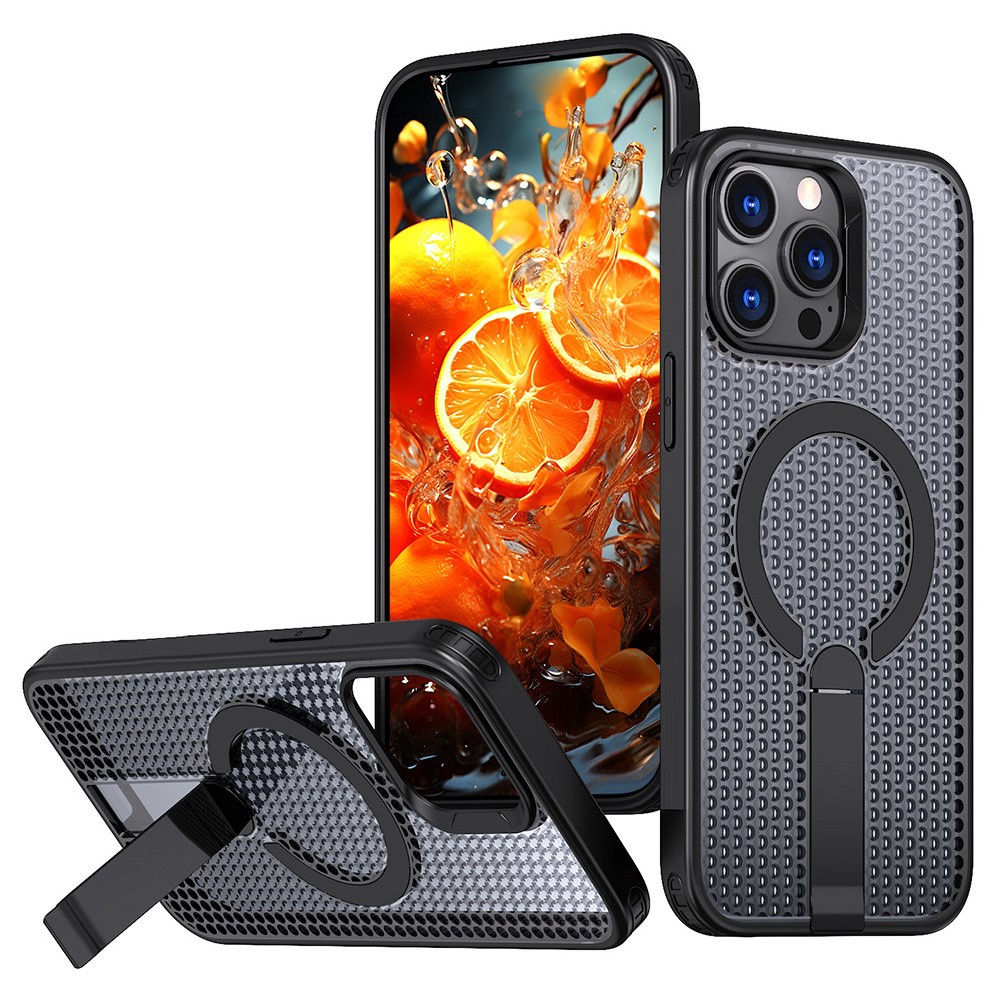 Bulk Purchasing For iPhone 13 Pro Max Magnetic Case Kickstand TPU + PC Heat Dissipation Phone Cover - Black