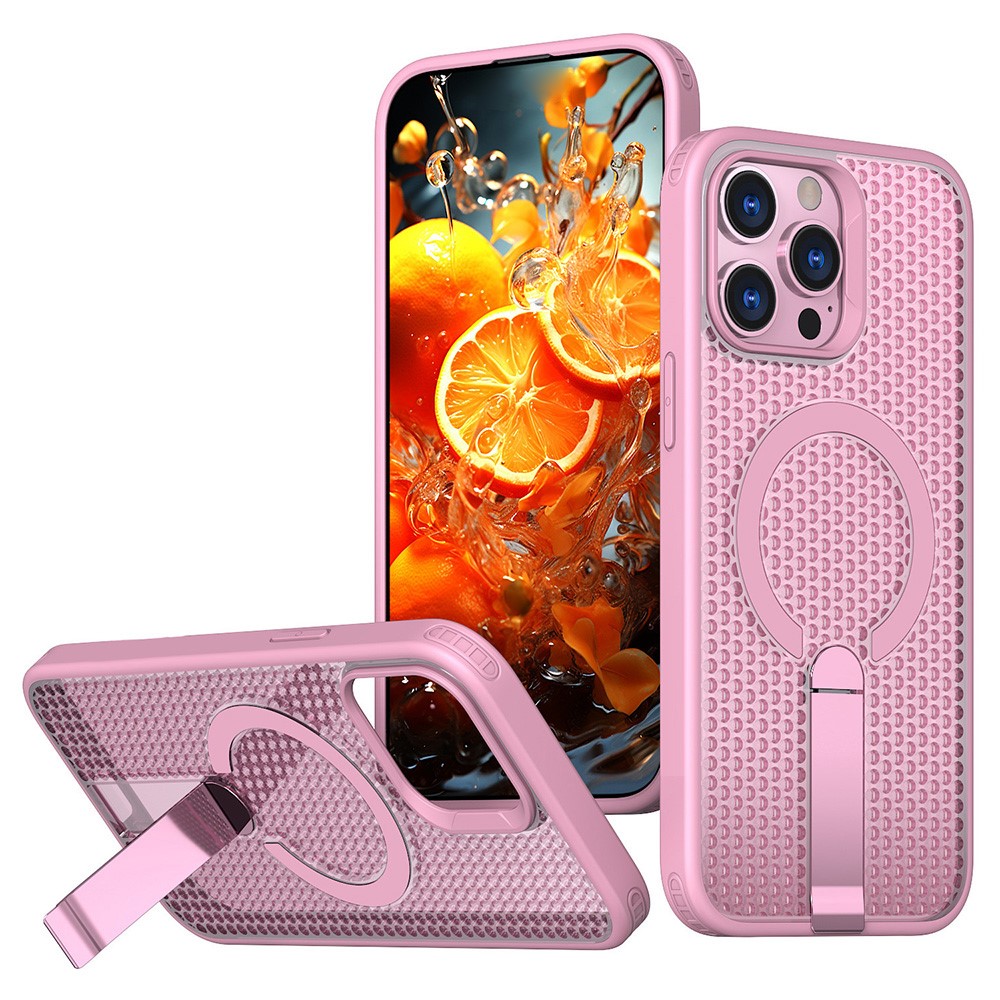 Bulk Purchasing For iPhone 14 Pro Max Magnetic Case Kickstand TPU + PC Heat Dissipation Phone Cover - Pink