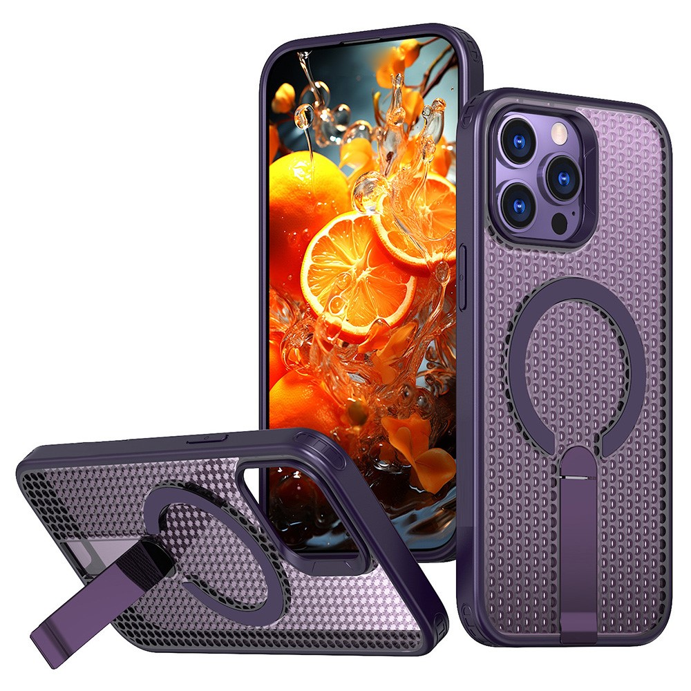 Bulk Purchasing For iPhone 14 Pro Max Magnetic Case Kickstand TPU + PC Heat Dissipation Phone Cover - Purple