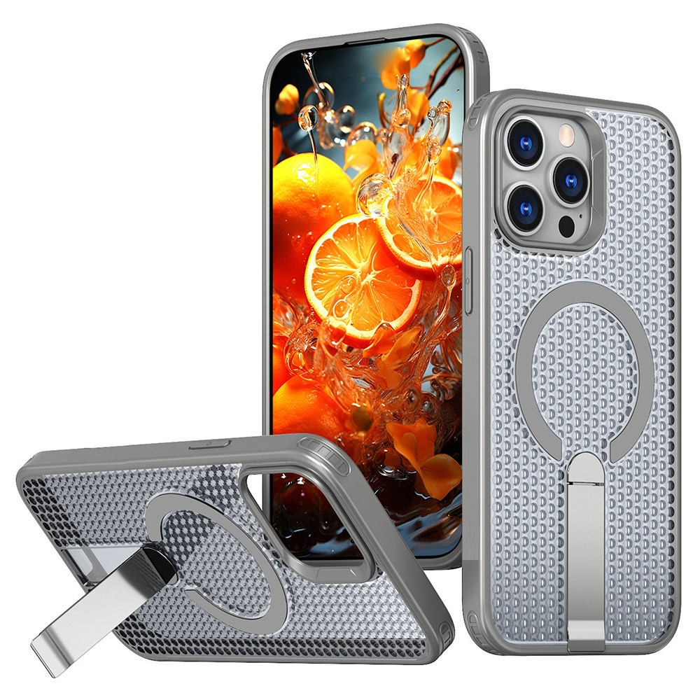 Bulk Purchasing For iPhone 15 Pro Magnetic Case Kickstand TPU + PC Heat Dissipation Phone Cover - Titanium Grey