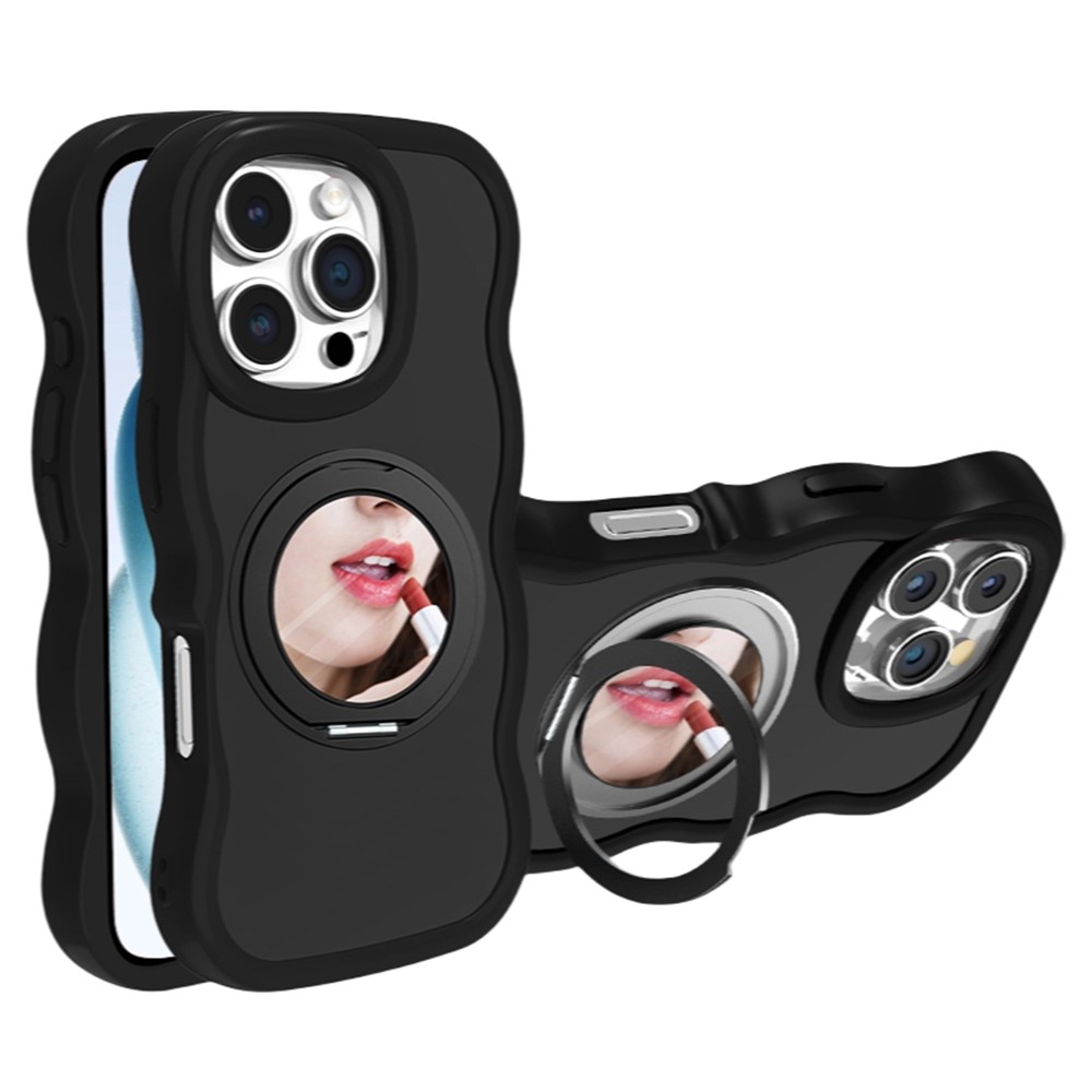 For iPhone 16 Pro Max Magnetic Case Wave Edge TPU + Acrylic Phone Cover with Mirror Kickstand - Black