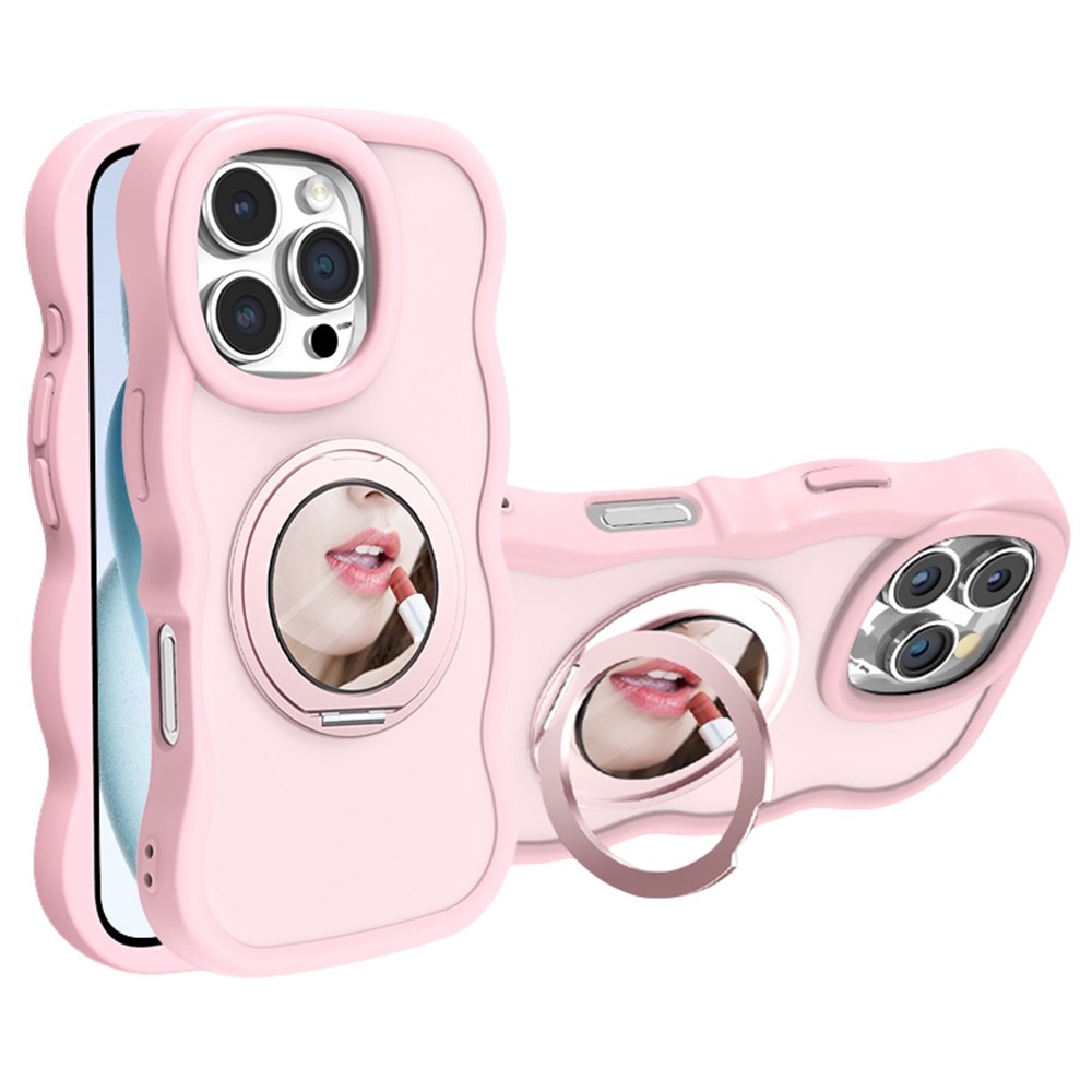For iPhone 16 Pro Magnetic Case Wave Edge TPU + Acrylic Phone Cover with Mirror Kickstand - Pink
