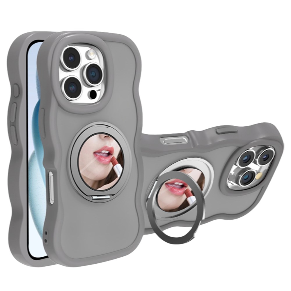 For iPhone 16 Pro Magnetic Case Wave Edge TPU + Acrylic Phone Cover with Mirror Kickstand - Grey