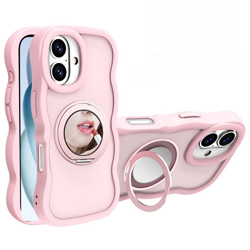 For iPhone 16 Plus Magnetic Case Wave Edge TPU + Acrylic Phone Cover with Mirror Kickstand - Pink