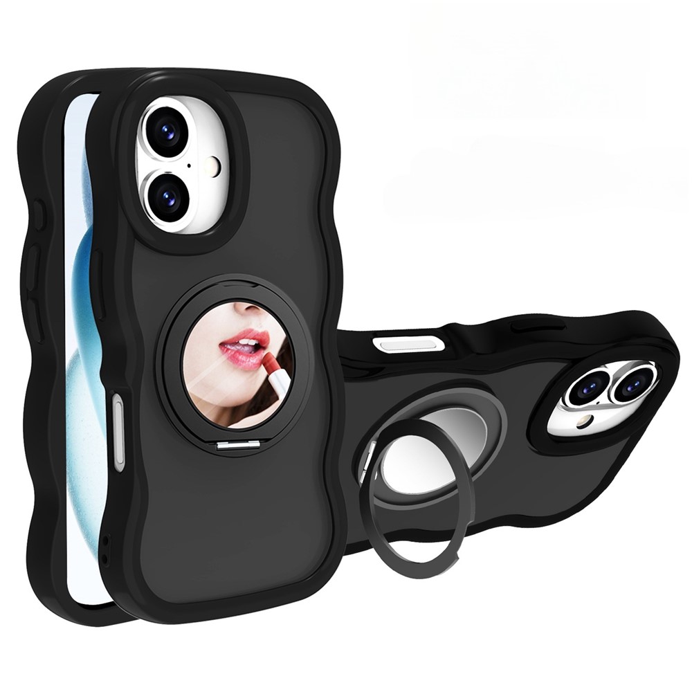 For iPhone 16 Plus Magnetic Case Wave Edge TPU + Acrylic Phone Cover with Mirror Kickstand - Black