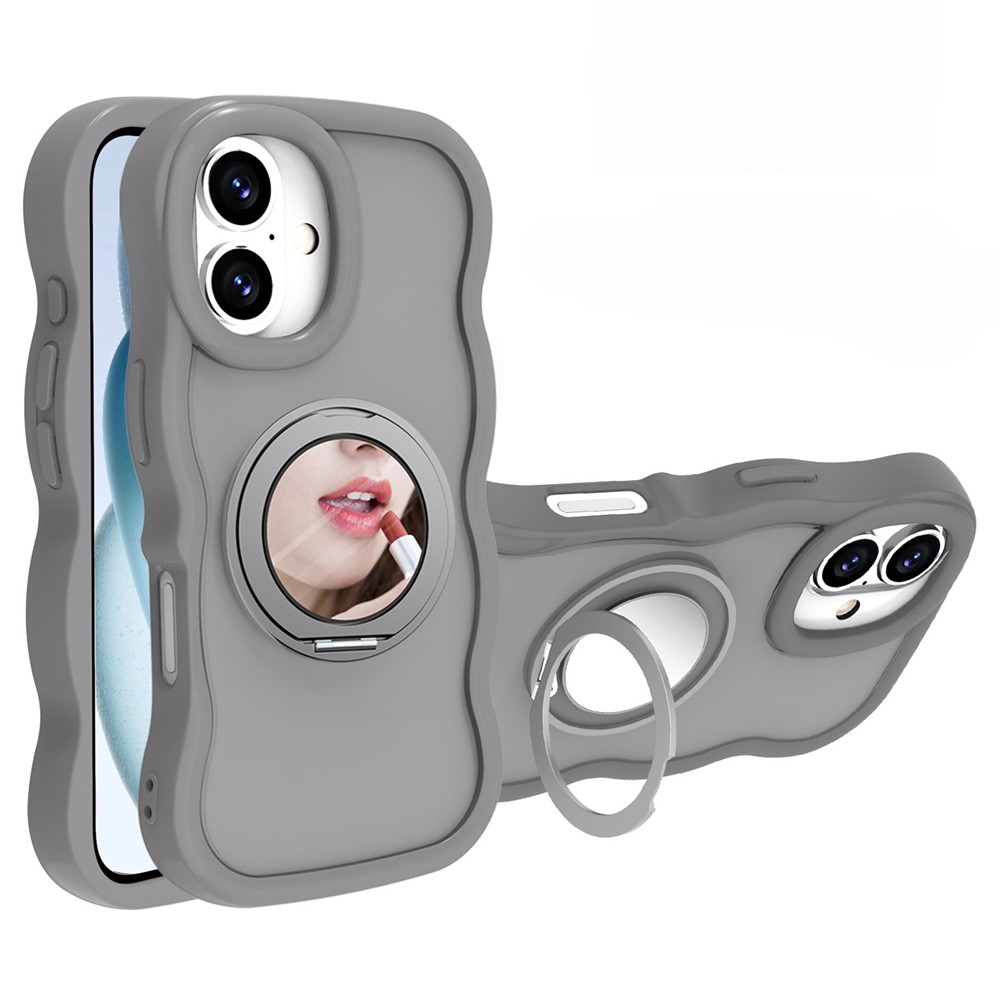 For iPhone 16 Plus Magnetic Case Wave Edge TPU + Acrylic Phone Cover with Mirror Kickstand - Grey