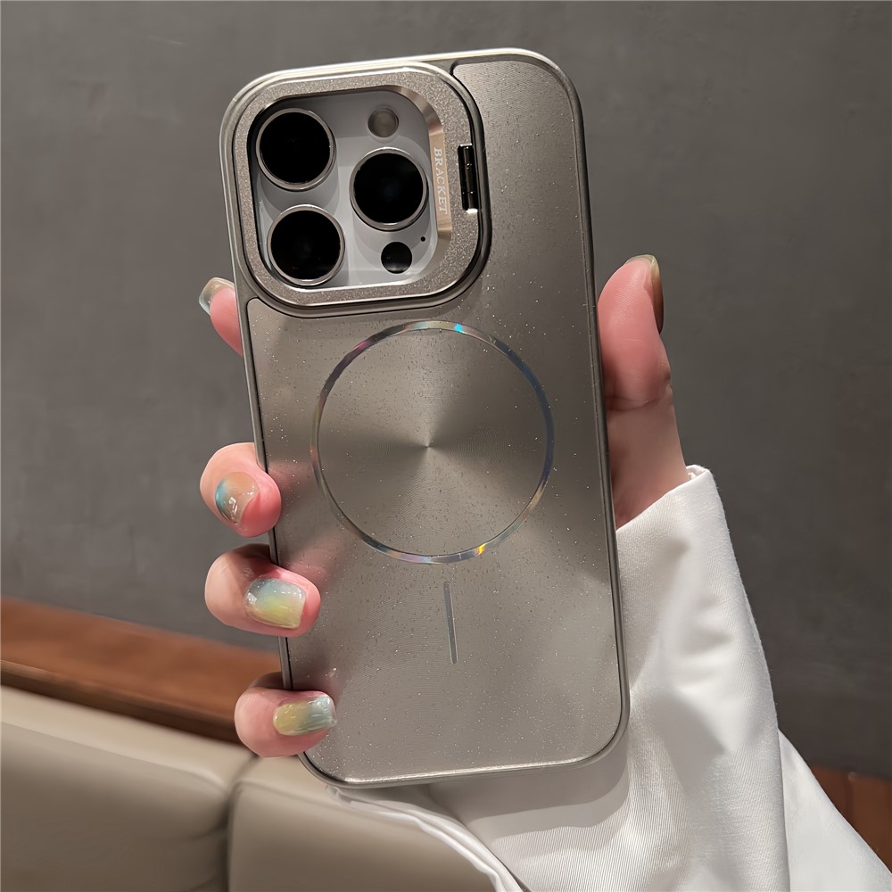 For iPhone 16 Pro Max Case Compatible with MagSafe Starry Glitter PC Phone Cover Case with Lens Frame Kickstand - Grey