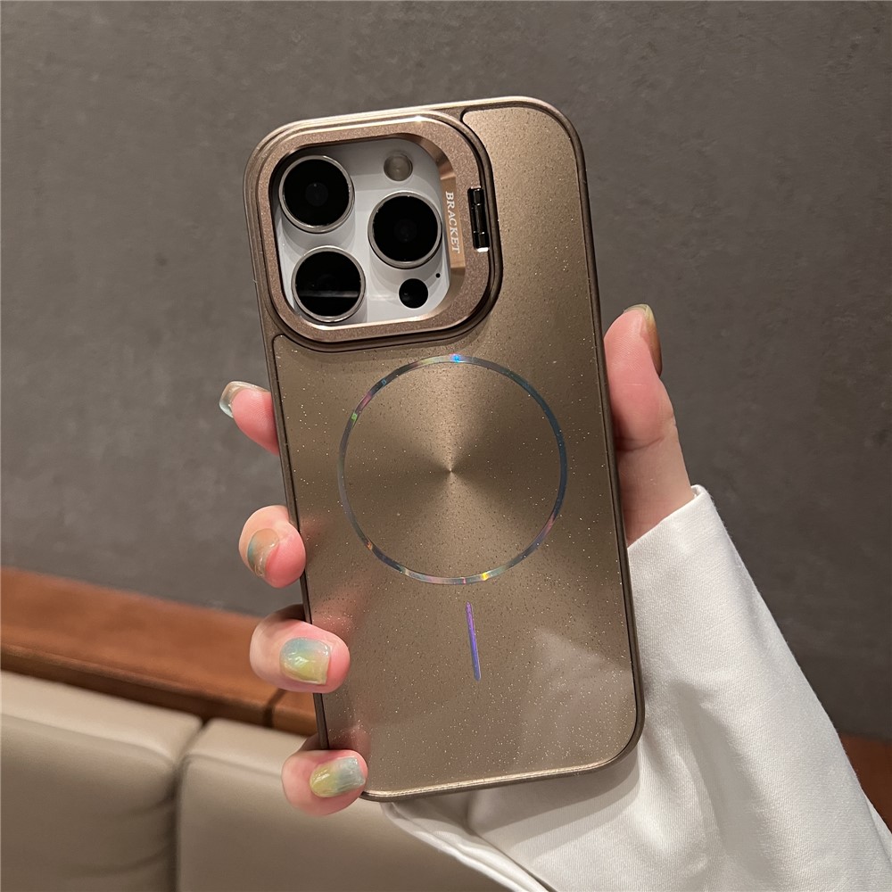 For iPhone 16 Pro Max Case Compatible with MagSafe Starry Glitter PC Phone Cover Case with Lens Frame Kickstand - Gold