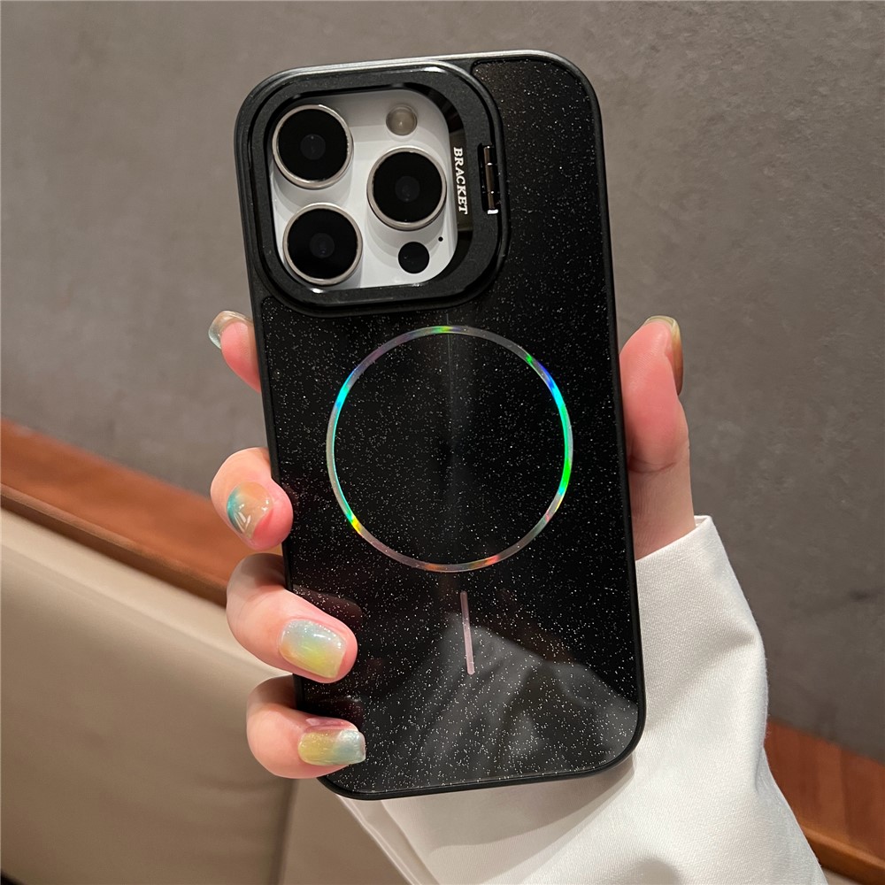 For iPhone 16 Pro Max Case Compatible with MagSafe Starry Glitter PC Phone Cover Case with Lens Frame Kickstand - Black