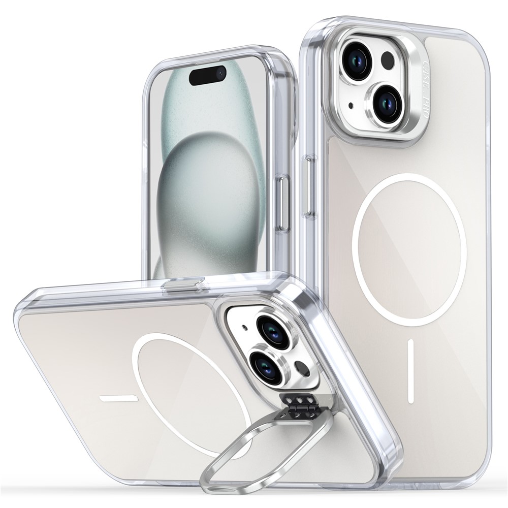 For iPhone 15 Case Compatible with MagSafe TPU + Acrylic Gradient Phone Cover with Kickstand - White