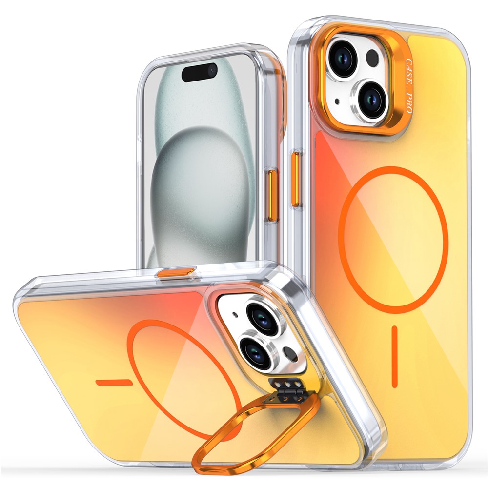For iPhone 15 Case Compatible with MagSafe TPU + Acrylic Gradient Phone Cover with Kickstand - Orange