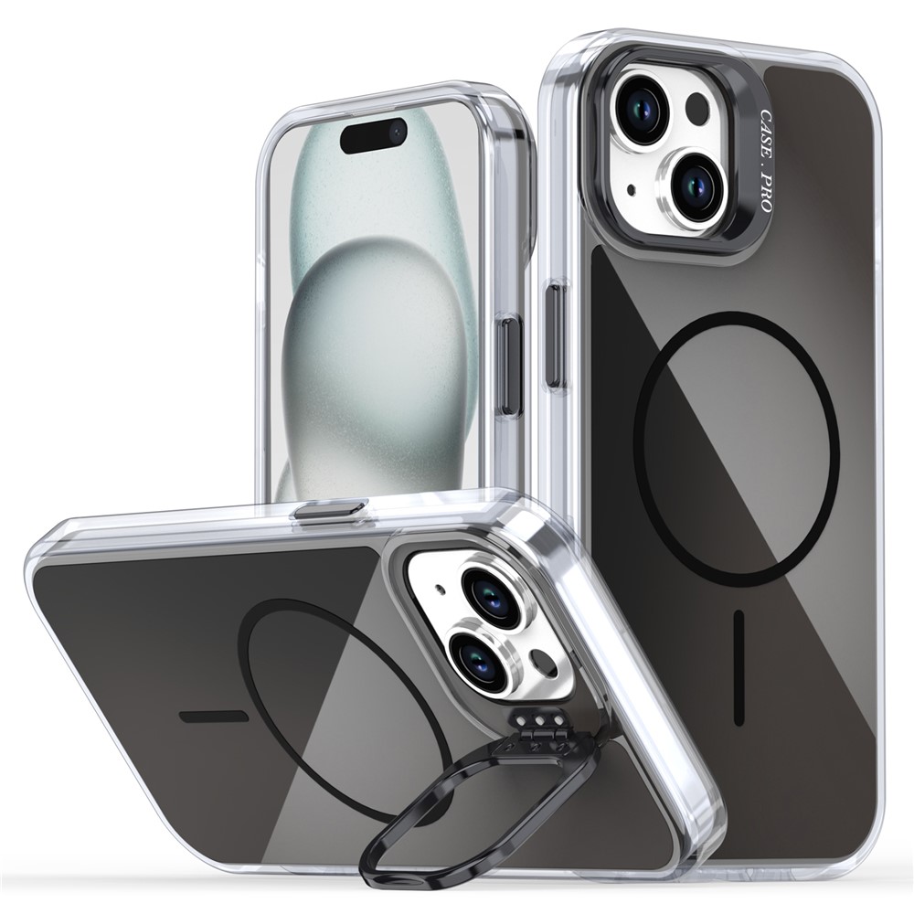 For iPhone 15 Case Compatible with MagSafe TPU + Acrylic Gradient Phone Cover with Kickstand - Black